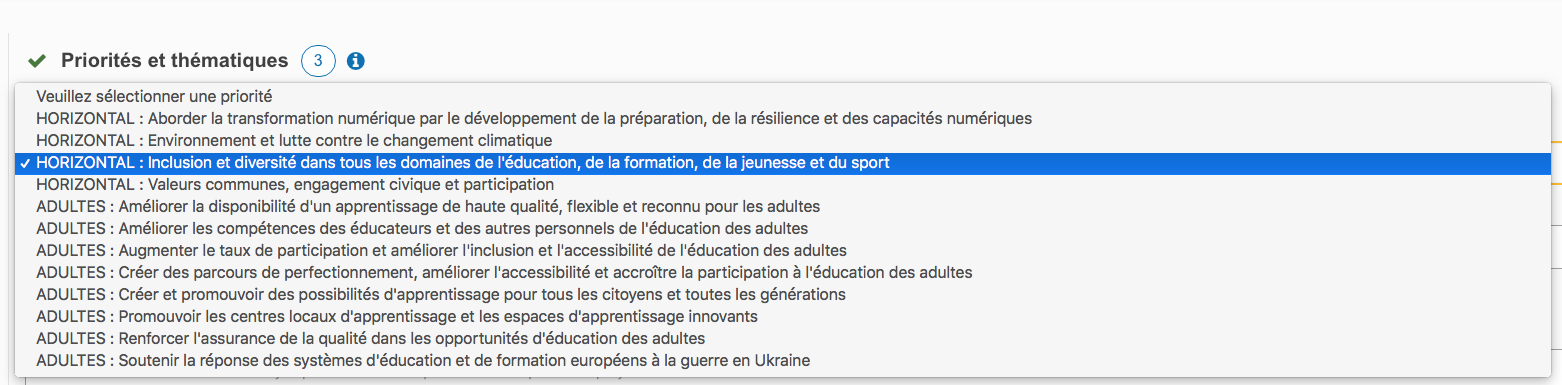 Rubrique Priorités et thématiques du formulaire KA210-ADU : liste déroulante de sélection d'une priorité