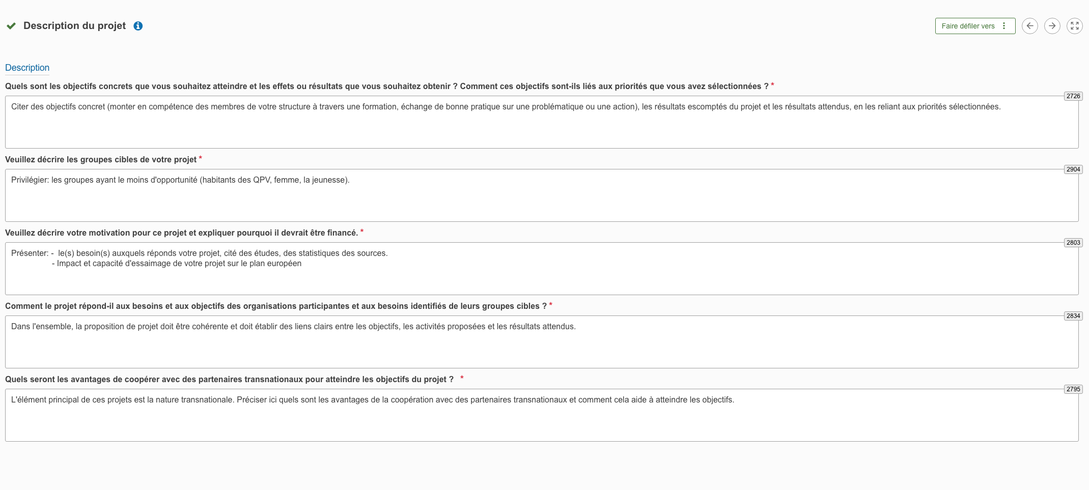Rubrique Description du projet : objectifs, groupes cibles et motivation